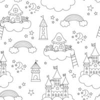 black and white seamless pattern with unicorn castle, fairy house on cloud, towers. Line repeat background with fairytale homes, rainbow, stars, moon. Fantasy world digital paper vector