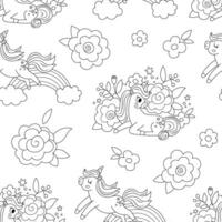 black and white unicorns seamless pattern. Repeat line background with fairytale characters, rainbow, flowers. Fantasy world digital paper or coloring page with floral elements vector