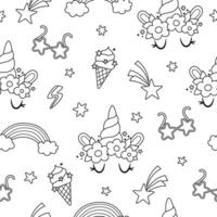 black and white unicorns seamless pattern. Repeat line background with fairytale character, horn, rainbow, falling stars, glasses. Fantasy world digital paper, coloring page vector