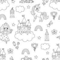 black and white seamless pattern with unicorn and fairy. Repeat line background with fairytale characters, castle, rainbow, falling star, crystal. Fantasy world digital paper, coloring page vector