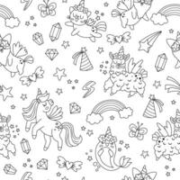 black and white unicorns seamless pattern. Repeat background with fairytale characters, animals with horn, rainbow, falling star, crystal. Fantasy world digital paper with funny llama, cat, narval vector