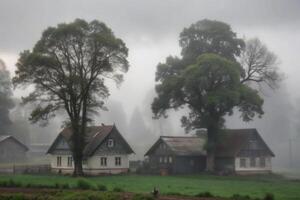 Misty Morning Farmhouse Scene in the Countryside with Large Trees photo