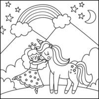 black and white square background with fairy princess hugging unicorn under stars. Magic or fantasy world line scene. Fairytale landscape or coloring page with forest, rainbow vector