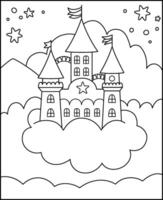 black and white abstract background with unicorn castle, cloud, star. Magic or fantasy world line scene with place for text. Cute fairytale vertical nature landscape or coloring page for kids vector