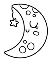 black and white smiling half-moon icon with closed eyes. Fairytale themed sleeping moon with star. Cute magic outline design element. Space icon or coloring page vector