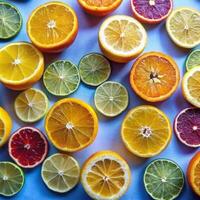 Vibrant Citrus Fruit Slices Background A Colorful Collection of Oranges, Limes, Lemons, and Grapefruits photo