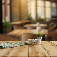 Wooden Table in a Cafe Setting with Two Coffee Cups and a Green Checkered Napkin photo