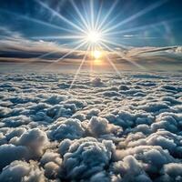 Stunning Aerial View of Sun Rays Shining Through Cloudscape at Sunset photo