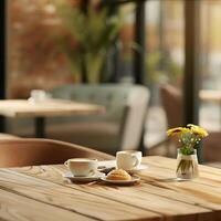 Two Cups of Coffee and a Pastry on a Wooden Table in a Cafe Setting photo