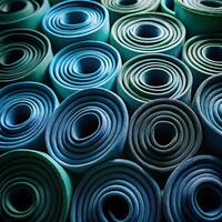 A Stack of RolledUp Blue and Green Exercise Mats CloseUp Photography photo