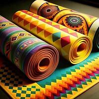 Vibrant Rolled Rugs with Geometric and Ethnic Patterns Displayed on Colorful Mat photo