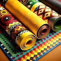 Vibrant Rolled African Print Mats Displaying Bold Geometric and Ethnic Patterns photo