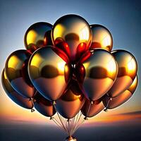A Stunning Cluster of Golden and Red Balloons Ascending at Sunset photo