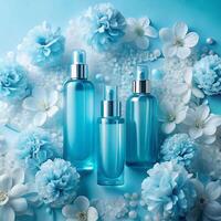 Luxury Blue Skincare Products Surrounded by Delicate Light Blue Flowers and Pearls on a Blue Background photo