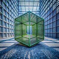 A green cube in a room with a window photo