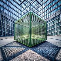 A green cube sitting in front of a building photo
