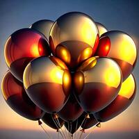 A cluster of shiny red and gold balloons at sunset, celebrating a joyous occasion photo