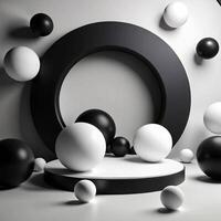Abstract 3D Render of Black and White Spheres on a Platform with a Circular Frame photo