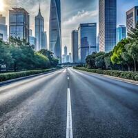 A scenic urban road leading towards towering skyscrapers under a partly cloudy sky photo