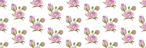 Minimalistic flowers seamless pattern. Delicate pink rose with stem and leaves, small bud. Botanical spring pattern. Suitable for wallpaper, textiles, wrapping paper, postcards. illustration. vector