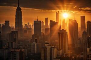 Stunning sunrise over a breathtaking cityscape of skyscrapers and modern architecture photo