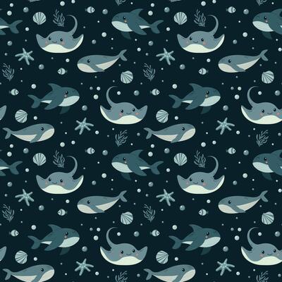 Cute children background with stingray, whale ,shark, fish and corals . Under the sea seamless pattern, water animal character, ocean fauna. Flat design. Underwater. textile. fabric
