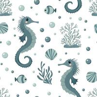Sea seamless pattern with seahorse, fish, seaweed, seashell flat style. Ocean digital paper. Nautical underwater scrapbooking, background, print. Hand drawn vector