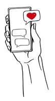 Hand holding smartphone with messages, heart emoji. Love relationships through apps, online dating. Concept of social networks, virtual relationships. vector