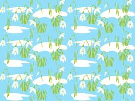 Snowdrops seamless pattern with blooming flower amidst melting snow patches on a light blue background. Ideal for seasonal spring designs, wallpapers, and fabrics. vector