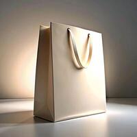 Elegant Off White Shopping Bag with Golden Handles on a White Surface photo