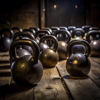 A Collection of Vintage Kettlebells in a Rustic Gym Setting photo