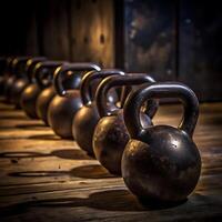A Row of Vintage Kettlebells in a Rustic Gym Setting photo