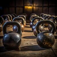 Vintage Kettlebells in a Dark Gym Setting Rustic Strength Training Equipment photo