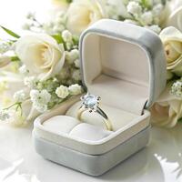 Elegant Engagement Ring in a Gray Velvet Box Surrounded by White Roses and Babys Breath photo