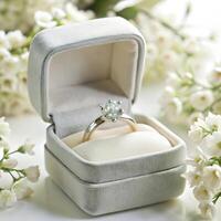 Elegant Diamond Engagement Ring in a Gray Velvet Box Surrounded by Delicate White Flowers photo