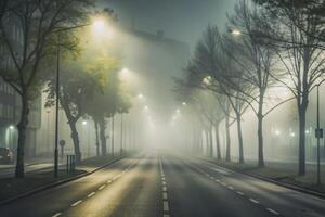 Foggy Night Street Scene with Streetlights and Trees photo