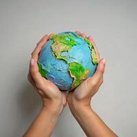 Hands holding a globe on a gray background photo