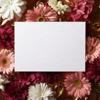 Blank Greeting Card Mockup Surrounded by Colorful Flowers for Birth Month Celebrations and Special Occasions photo