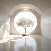 Serene Minimalist Interior Design with a Single Tree and Circular Window photo
