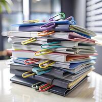 A Large Stack of Files and Documents Secured with Colorful Binder Clips on a Desk photo