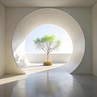 Minimalist Interior Design Featuring a Single Tree in a Circular Window photo