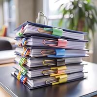 A large stack of organized files and documents secured with colorful binder clips in an office setting photo