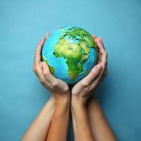 Hands holding a globe on a blue background photo