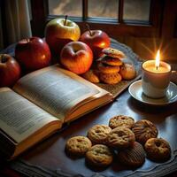 A Cozy Autumn Evening with Apples Cookies Book and Candlelight photo
