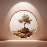 Serene Desert Oasis A Minimalist View of a Lone Tree Perched on a Rock in a Circular Window photo