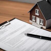 Real Estate Contract Documents and House Model on Wooden Table photo