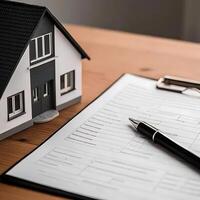 Real Estate Purchase Contract and House Model on Wooden Table photo