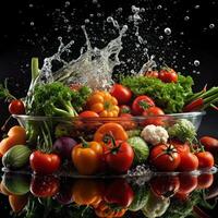 Vibrant Fresh Vegetables in a Glass Bowl Splashing with Water photo