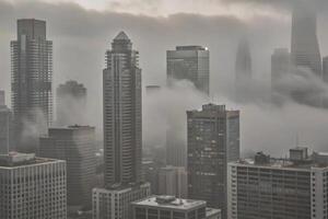 Misty Cityscape A Stunning View of Skyscrapers Enveloped in Fog photo
