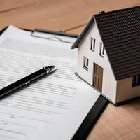 Real Estate Contract and House Model on Wooden Desk photo